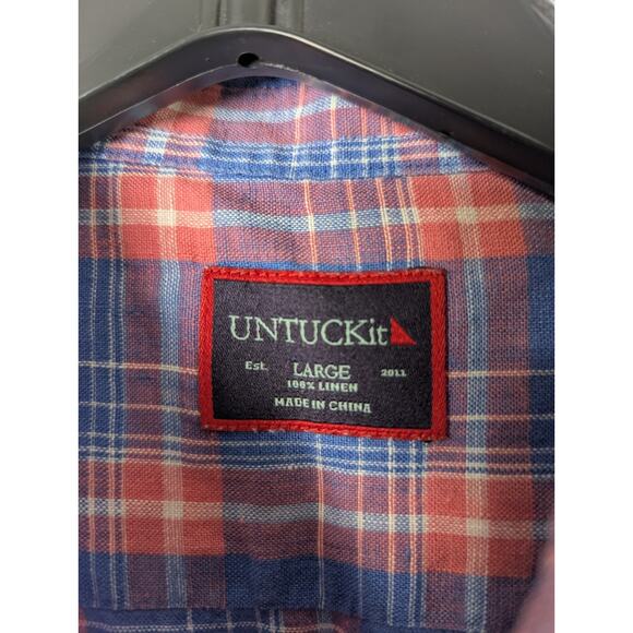 UNTUCKit Blue Red Plaid Size L 100% LINEN Button Down Casual Shirt Front Pocket - Picture 8 of 9